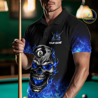 Custom Thunder Blue & Silver Skull 8 Ball Billiard Shirt For Men Billiards Team 1/4-Zip Polo Jersey NYN4732