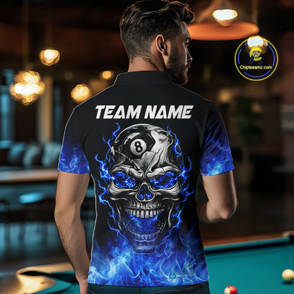 Custom Thunder Blue & Silver Skull 8 Ball Billiard Shirt For Men Billiards Team 1/4-Zip Polo Jersey NYN4732