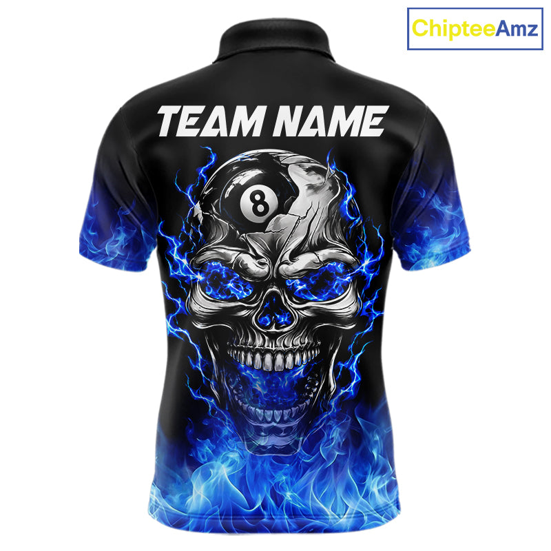 Custom Thunder Blue & Silver Skull 8 Ball Billiard Shirt For Men Billiards Team 1/4-Zip Polo Jersey NYN4732