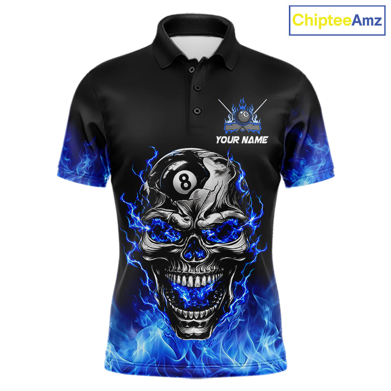 Custom Thunder Blue & Silver Skull 8 Ball Billiard Shirt For Men Billiards Team 1/4-Zip Polo Jersey NYN4732