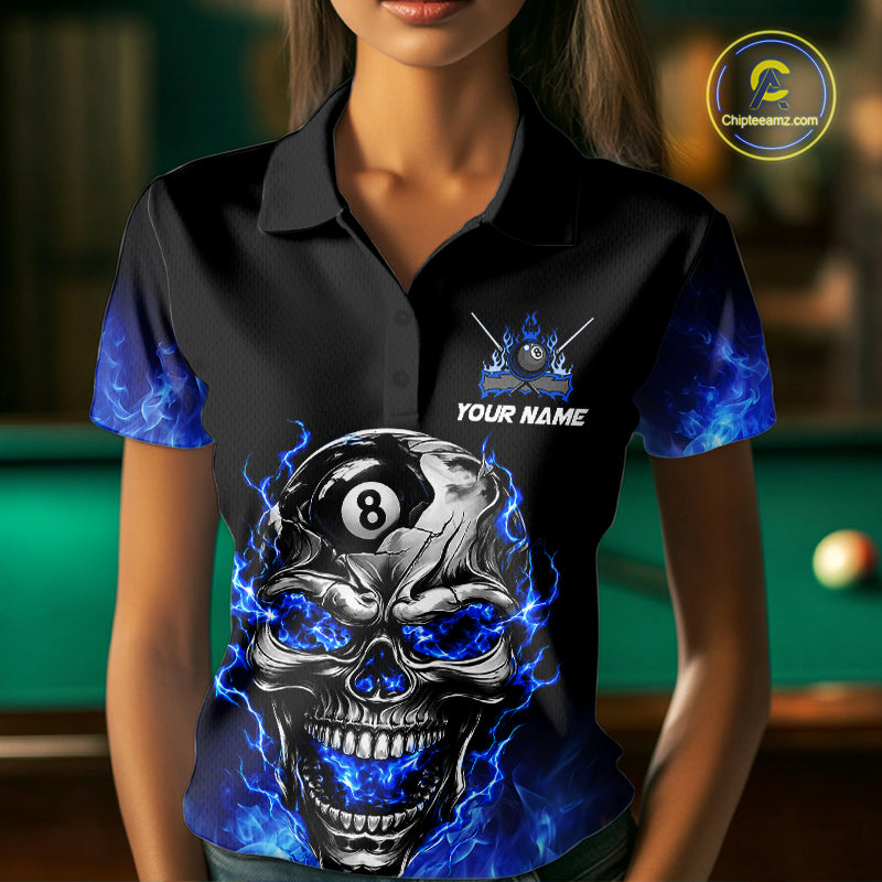 Custom Thunder Blue & Silver Skull 8 Ball Billiard Shirt For Women Billiards Team 1/4-Zip Polo Jersey NYN4732