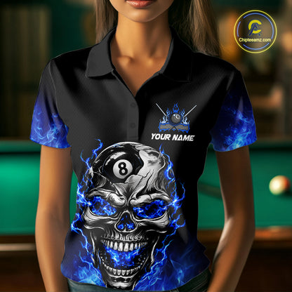Custom Thunder Blue & Silver Skull 8 Ball Billiard Shirt For Women Billiards Team 1/4-Zip Polo Jersey NYN4732