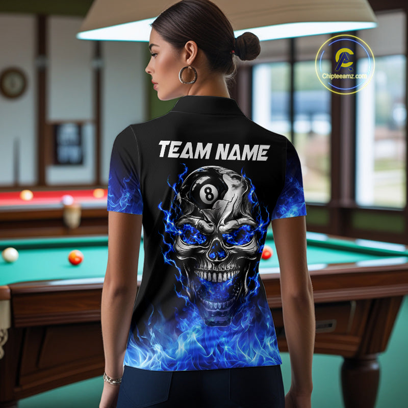 Custom Thunder Blue & Silver Skull 8 Ball Billiard Shirt For Women Billiards Team 1/4-Zip Polo Jersey NYN4732