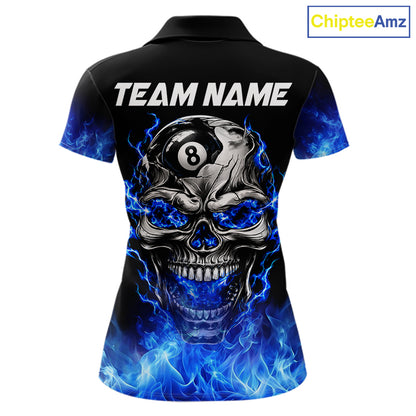 Custom Thunder Blue & Silver Skull 8 Ball Billiard Shirt For Women Billiards Team 1/4-Zip Polo Jersey NYN4732