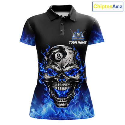 Custom Thunder Blue & Silver Skull 8 Ball Billiard Shirt For Women Billiards Team 1/4-Zip Polo Jersey NYN4732
