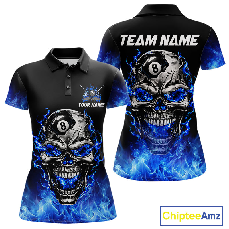 Custom Thunder Blue & Silver Skull 8 Ball Billiard Shirt For Women Billiards Team 1/4-Zip Polo Jersey NYN4732