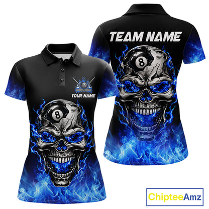 Custom Thunder Blue & Silver Skull 8 Ball Billiard Shirt For Women Billiards Team 1/4-Zip Polo Jersey NYN4732