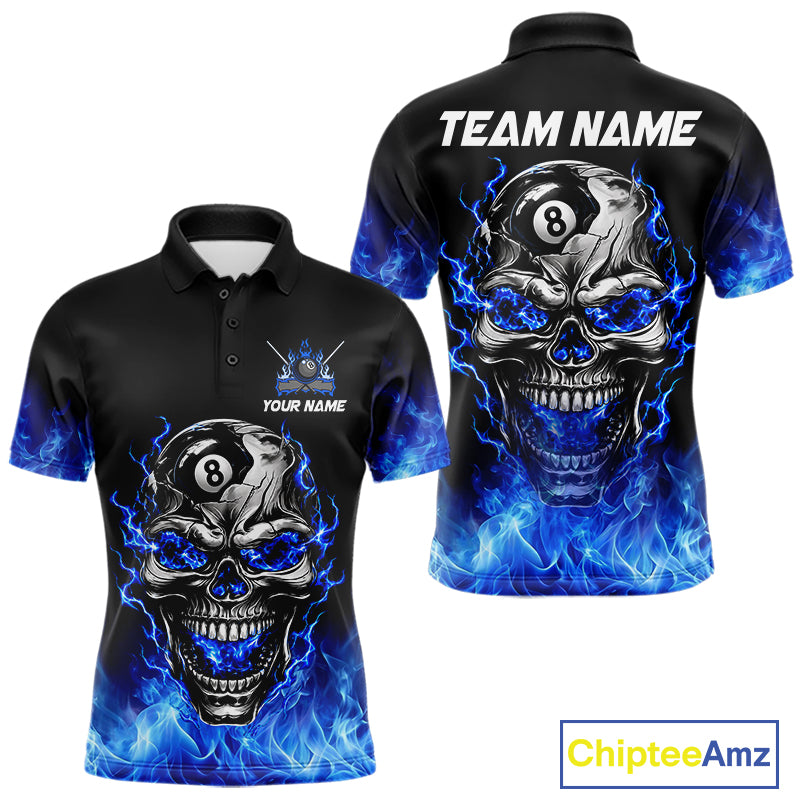 Custom Thunder Blue & Silver Skull 8 Ball Billiard Shirt For Men Billiards Team 1/4-Zip Polo Jersey NYN4732
