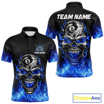 Custom Thunder Blue & Silver Skull 8 Ball Billiard Shirt For Men Billiards Team 1/4-Zip Polo Jersey NYN4732
