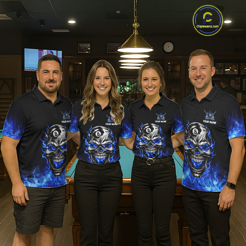 Custom Thunder Blue & Silver Skull 8 Ball Billiard Shirt For Men Billiards Team 1/4-Zip Polo Jersey NYN4732