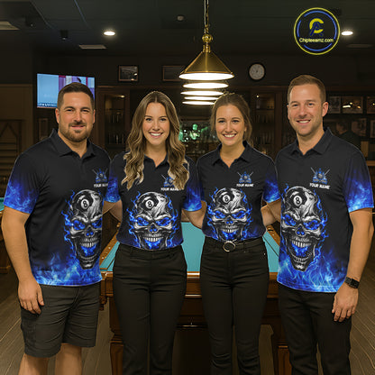 Custom Thunder Blue & Silver Skull 8 Ball Billiard Shirt For Men Billiards Team 1/4-Zip Polo Jersey NYN4732