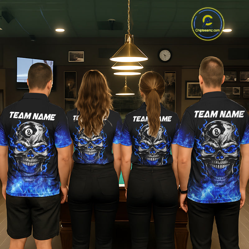 Custom Thunder Blue & Silver Skull 8 Ball Billiard Shirt For Men Billiards Team 1/4-Zip Polo Jersey NYN4732