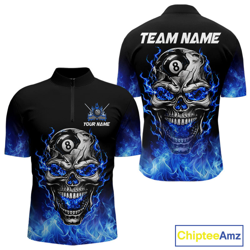 Custom Thunder Blue & Silver Skull 8 Ball Billiard Shirt For Men Billiards Team 1/4-Zip Polo Jersey NYN4732