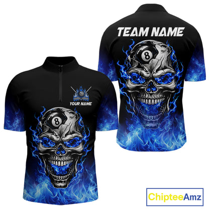 Custom Thunder Blue & Silver Skull 8 Ball Billiard Shirt For Men Billiards Team 1/4-Zip Polo Jersey NYN4732