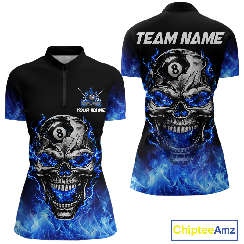 Custom Thunder Blue & Silver Skull 8 Ball Billiard Shirt For Women Billiards Team 1/4-Zip Polo Jersey NYN4732