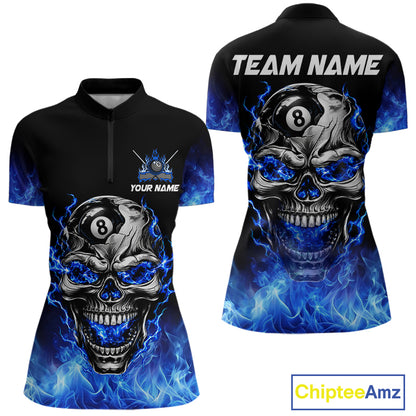Custom Thunder Blue & Silver Skull 8 Ball Billiard Shirt For Women Billiards Team 1/4-Zip Polo Jersey NYN4732