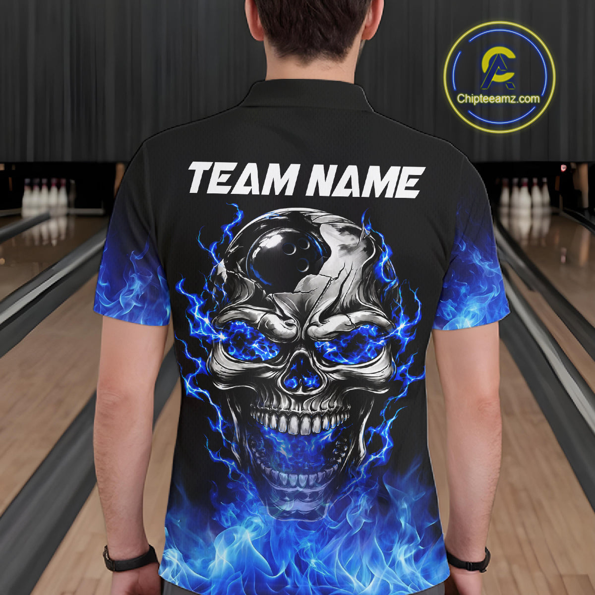 Custom Thunder Blue & Silver Skull Bowling Ball Shirt For Men Bowling Team 1/4-Zip Polo Jersey NYN4733