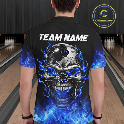 Custom Thunder Blue & Silver Skull Bowling Ball Shirt For Men Bowling Team 1/4-Zip Polo Jersey NYN4733