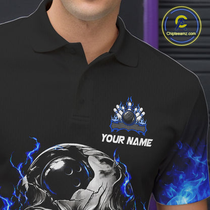 Custom Thunder Blue & Silver Skull Bowling Ball Shirt For Men Bowling Team 1/4-Zip Polo Jersey NYN4733
