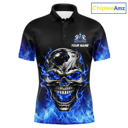 Custom Thunder Blue & Silver Skull Bowling Ball Shirt For Men Bowling Team 1/4-Zip Polo Jersey NYN4733