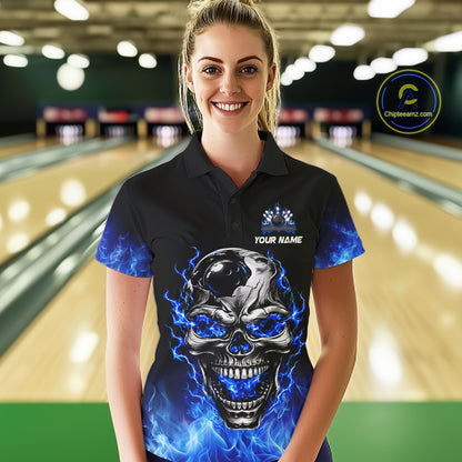 Custom Thunder Blue & Silver Skull Bowling Ball Shirt For Women Bowling Team 1/4-Zip Polo Jersey NYN4733