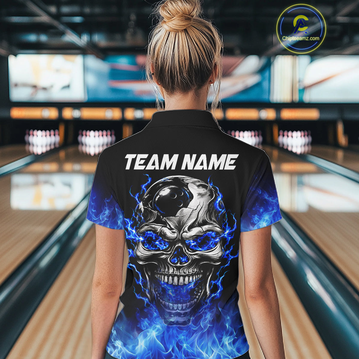 Custom Thunder Blue & Silver Skull Bowling Ball Shirt For Women Bowling Team 1/4-Zip Polo Jersey NYN4733