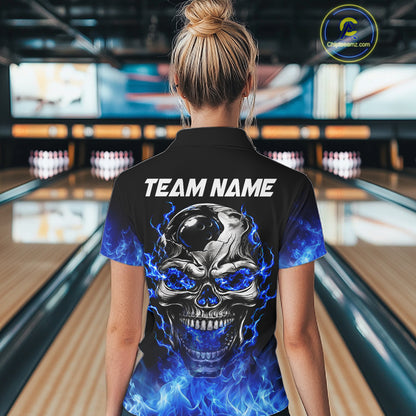 Custom Thunder Blue & Silver Skull Bowling Ball Shirt For Women Bowling Team 1/4-Zip Polo Jersey NYN4733