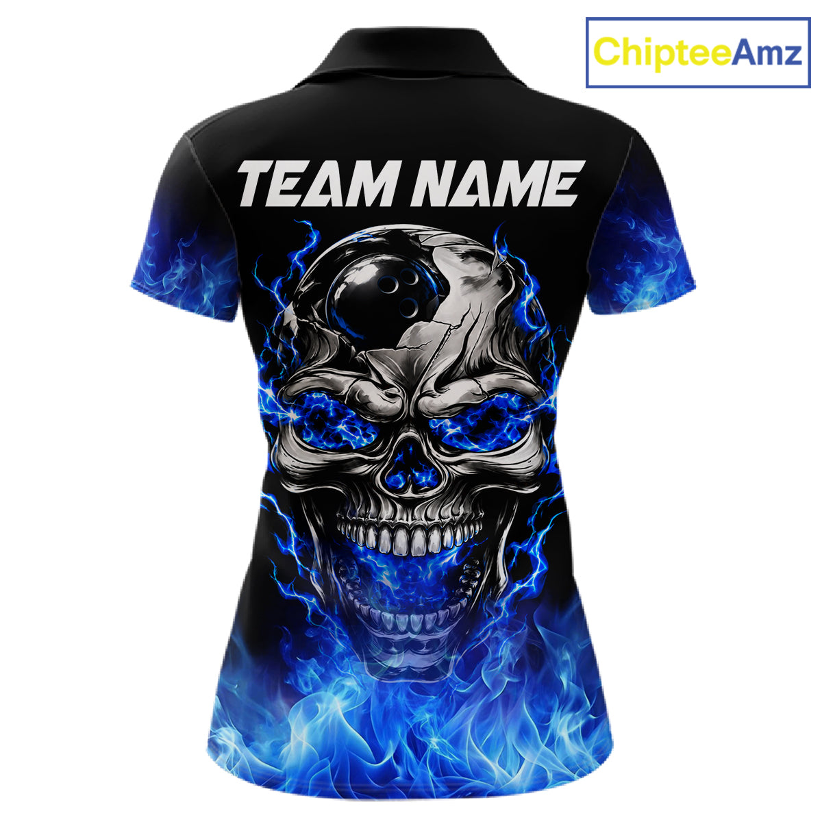 Custom Thunder Blue & Silver Skull Bowling Ball Shirt For Women Bowling Team 1/4-Zip Polo Jersey NYN4733
