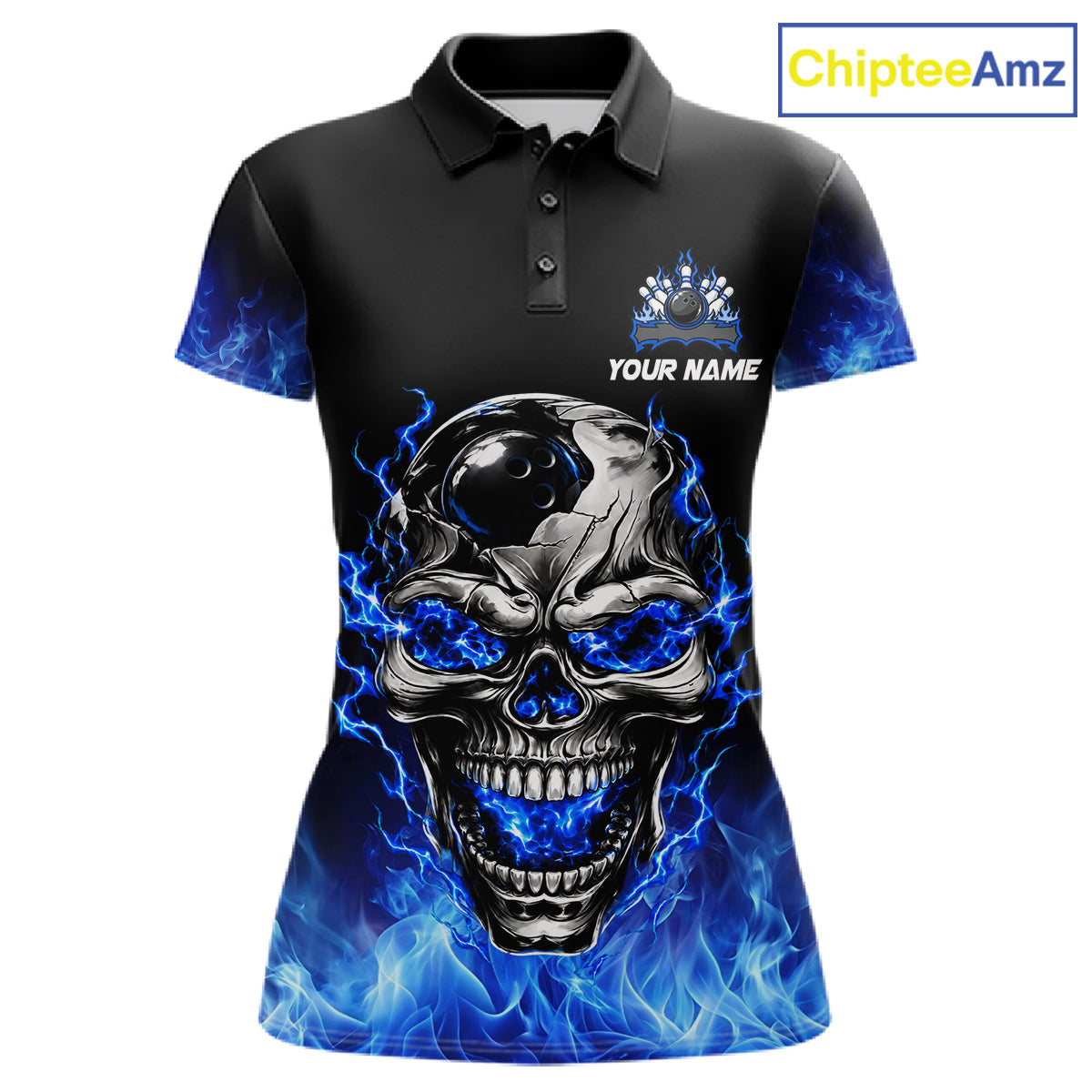 Custom Thunder Blue & Silver Skull Bowling Ball Shirt For Women Bowling Team 1/4-Zip Polo Jersey NYN4733