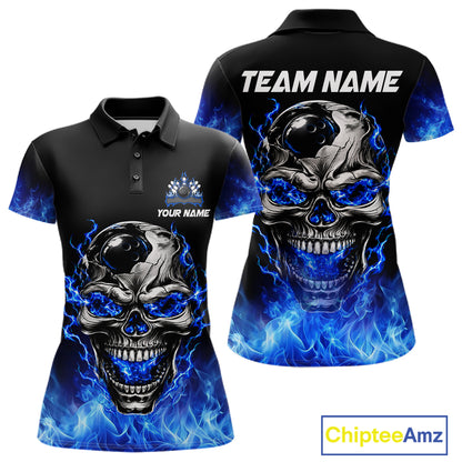 Custom Thunder Blue & Silver Skull Bowling Ball Shirt For Women Bowling Team 1/4-Zip Polo Jersey NYN4733
