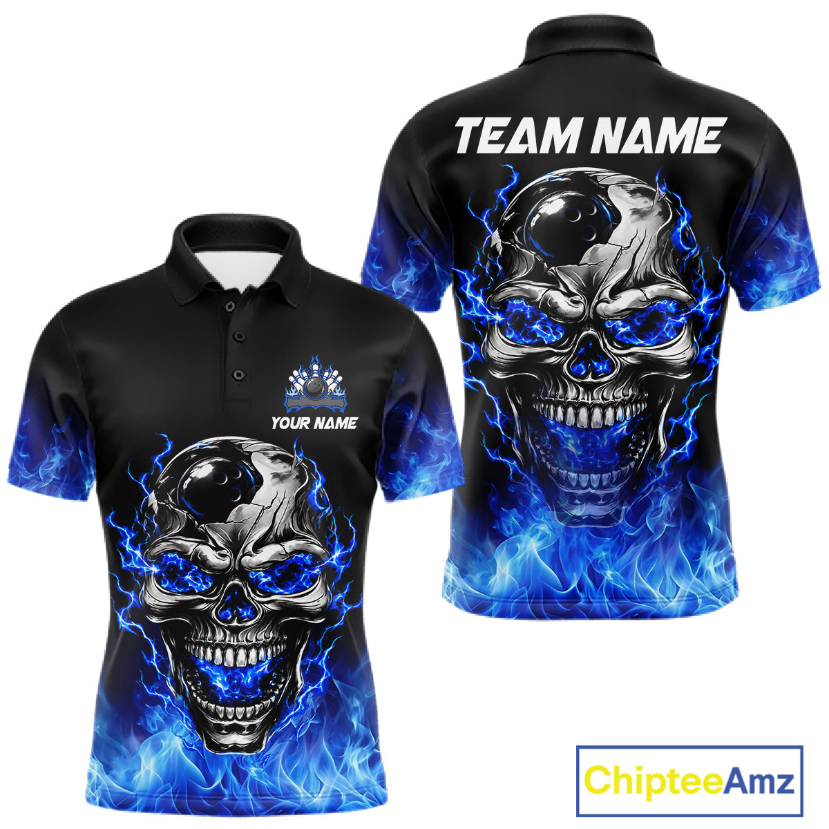 Custom Thunder Blue & Silver Skull Bowling Ball Shirt For Men Bowling Team 1/4-Zip Polo Jersey NYN4733