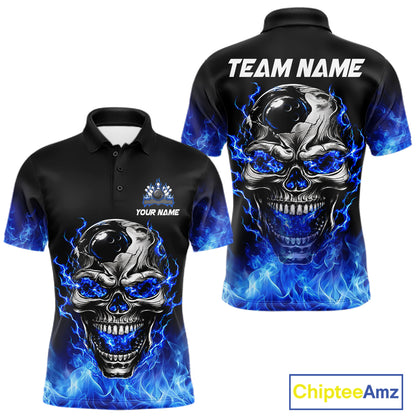 Custom Thunder Blue & Silver Skull Bowling Ball Shirt For Men Bowling Team 1/4-Zip Polo Jersey NYN4733