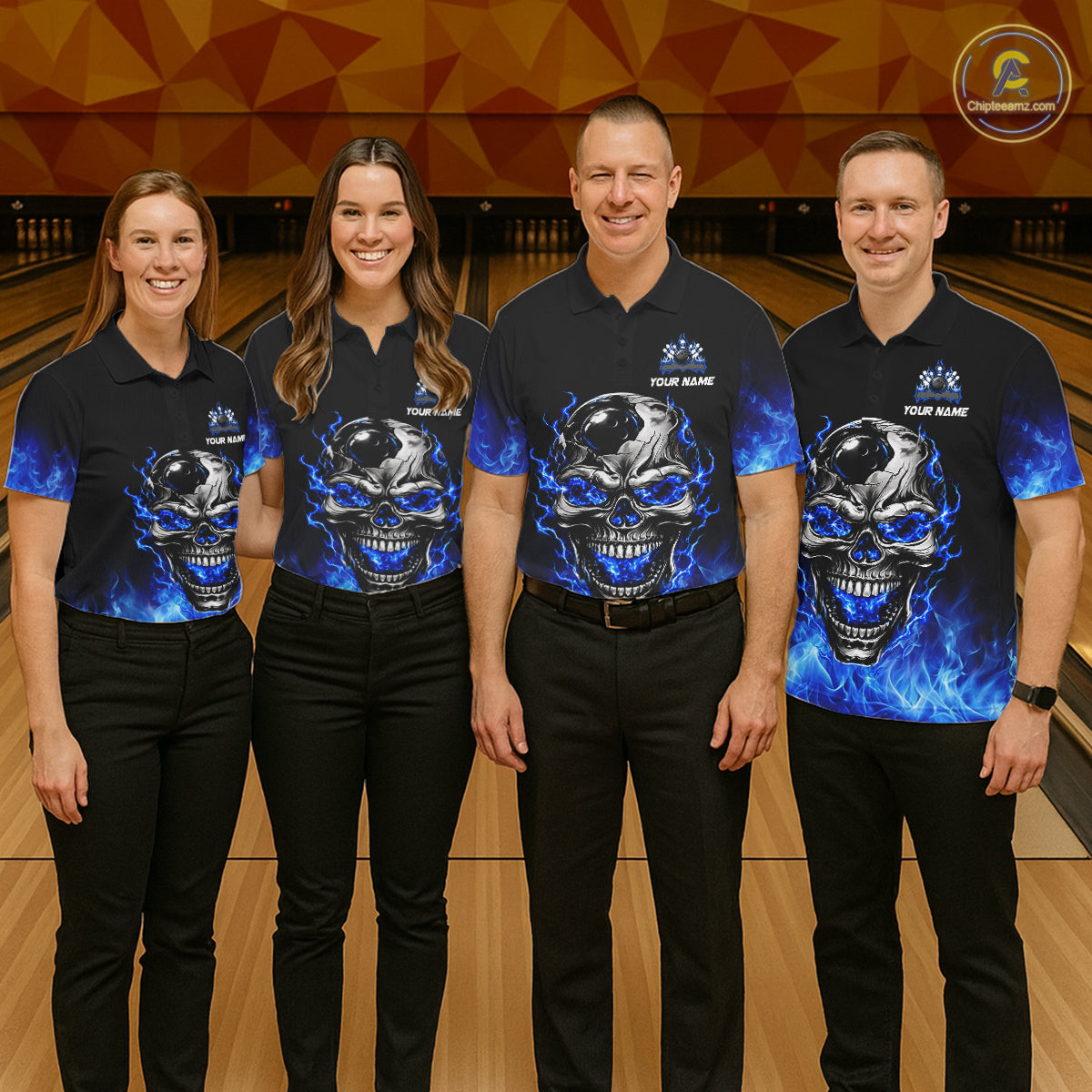 Custom Thunder Blue & Silver Skull Bowling Ball Shirt For Men Bowling Team 1/4-Zip Polo Jersey NYN4733