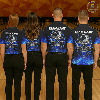 Custom Thunder Blue & Silver Skull Bowling Ball Shirt For Men Bowling Team 1/4-Zip Polo Jersey NYN4733