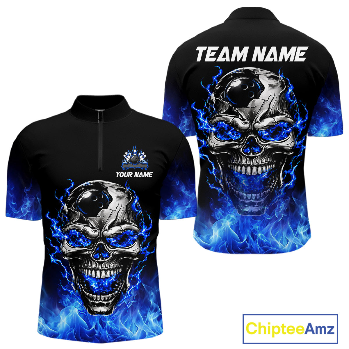 Custom Thunder Blue & Silver Skull Bowling Ball Shirt For Men Bowling Team 1/4-Zip Polo Jersey NYN4733