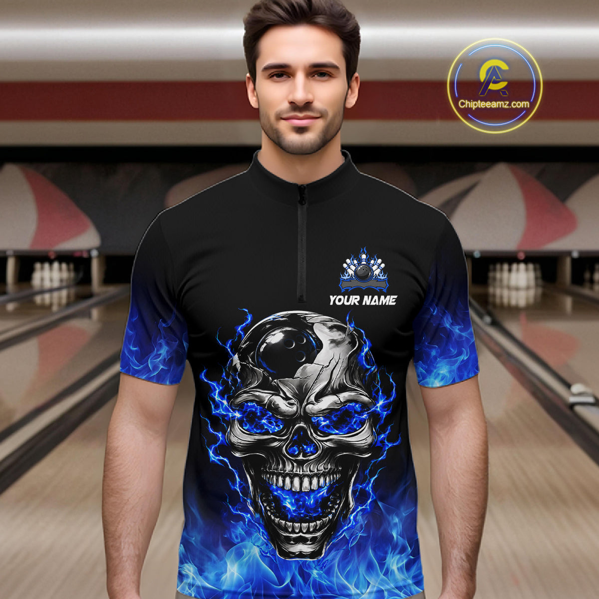 Custom Thunder Blue & Silver Skull Bowling Ball Shirt For Men Bowling Team 1/4-Zip Polo Jersey NYN4733