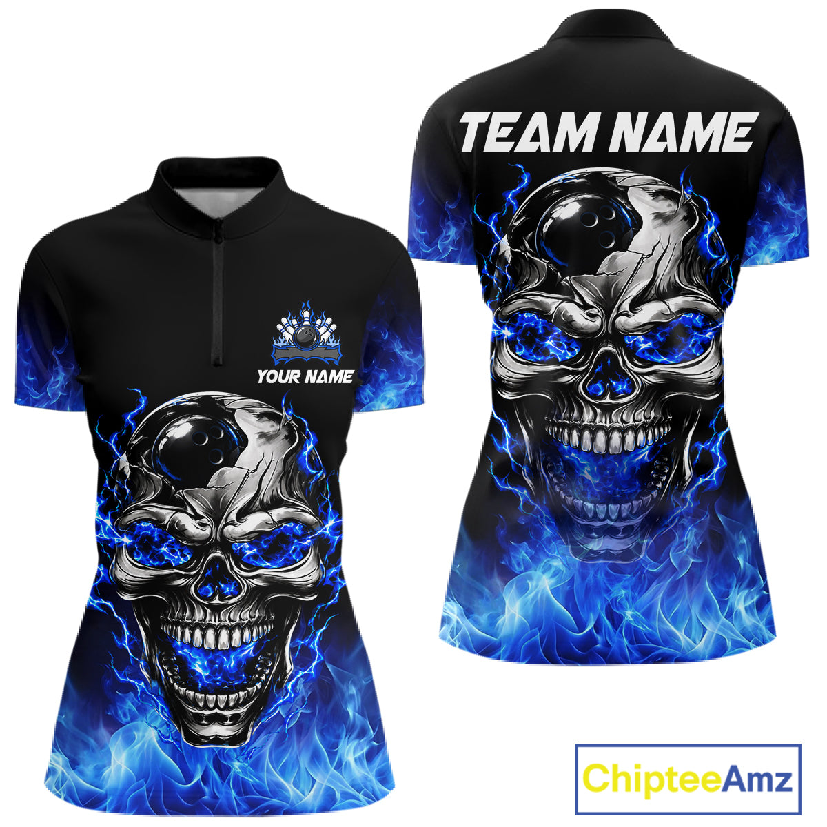 Custom Thunder Blue & Silver Skull Bowling Ball Shirt For Women Bowling Team 1/4-Zip Polo Jersey NYN4733
