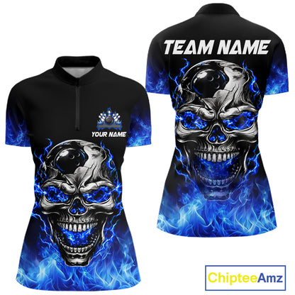 Custom Thunder Blue & Silver Skull Bowling Ball Shirt For Women Bowling Team 1/4-Zip Polo Jersey NYN4733