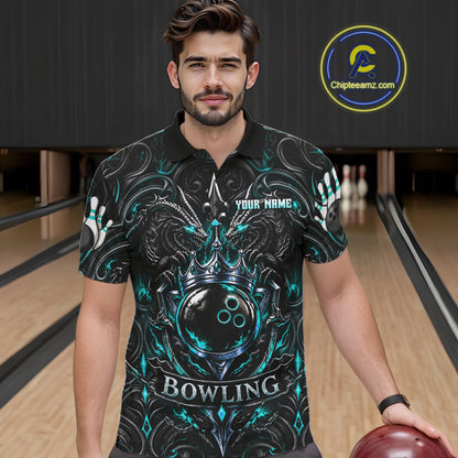 Men's Teal Gothic Dragon Bowling Polo Quarter-Zip Shirt Custom Neon Blue Strike Bowling Team Jersey NYN4735