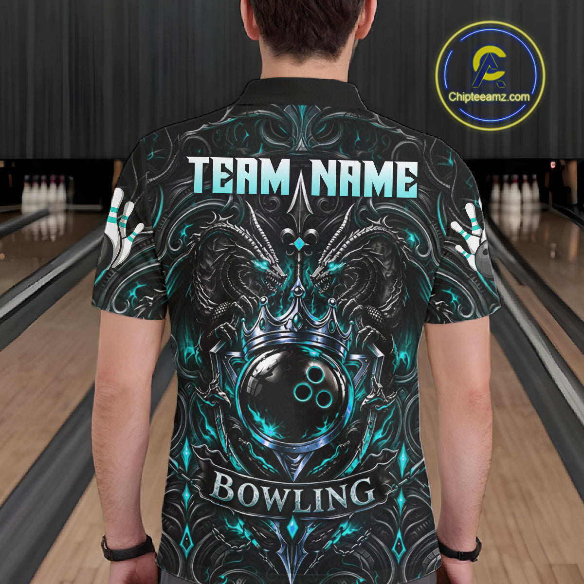 Men's Teal Gothic Dragon Bowling Polo Quarter-Zip Shirt Custom Neon Blue Strike Bowling Team Jersey NYN4735