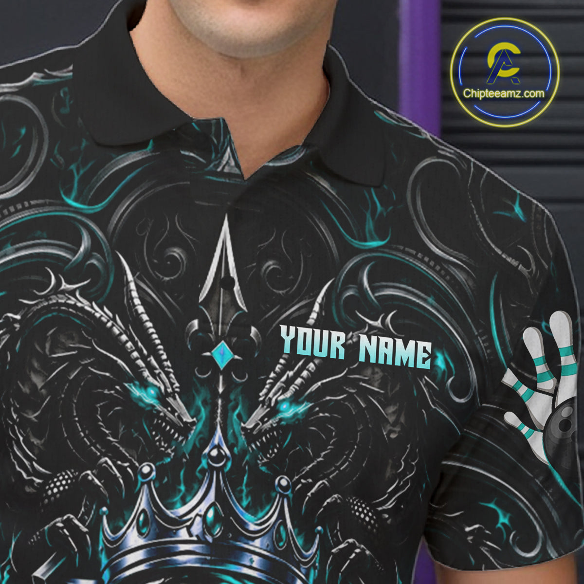 Men's Teal Gothic Dragon Bowling Polo Quarter-Zip Shirt Custom Neon Blue Strike Bowling Team Jersey NYN4735