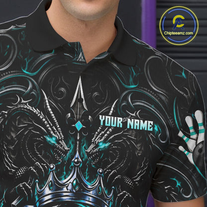 Men's Teal Gothic Dragon Bowling Polo Quarter-Zip Shirt Custom Neon Blue Strike Bowling Team Jersey NYN4735