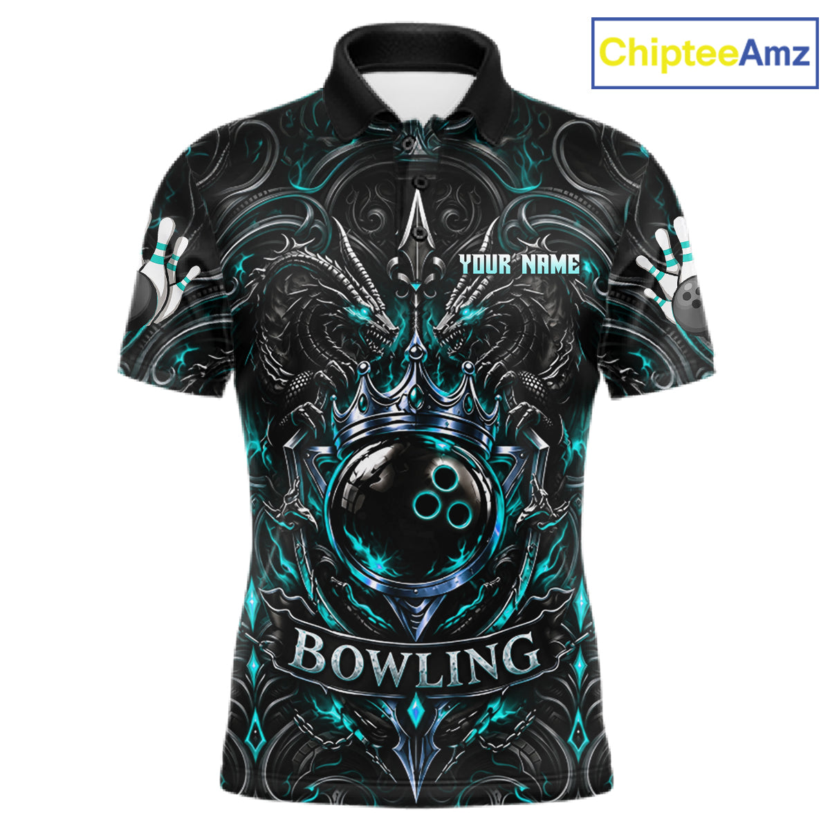 Men's Teal Gothic Dragon Bowling Polo Quarter-Zip Shirt Custom Neon Blue Strike Bowling Team Jersey NYN4735