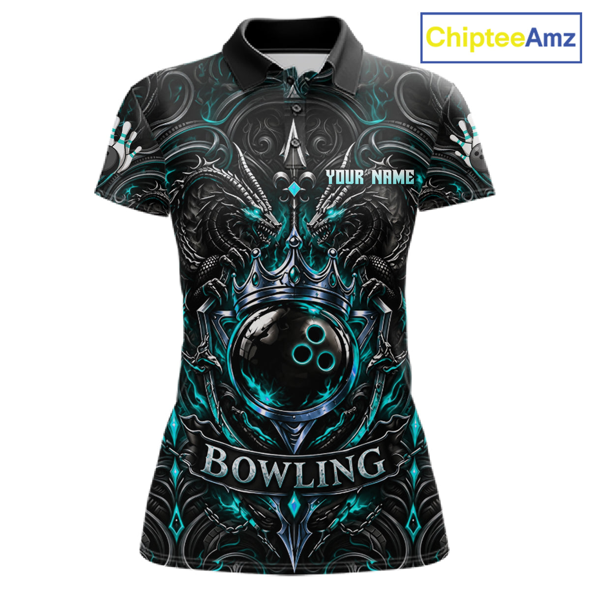 Womens Teal Gothic Dragon Bowling Polo Quarter-Zip Shirt Custom Neon Blue Strike Bowling Team Jersey NYN4735