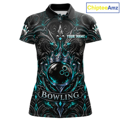 Womens Teal Gothic Dragon Bowling Polo Quarter-Zip Shirt Custom Neon Blue Strike Bowling Team Jersey NYN4735