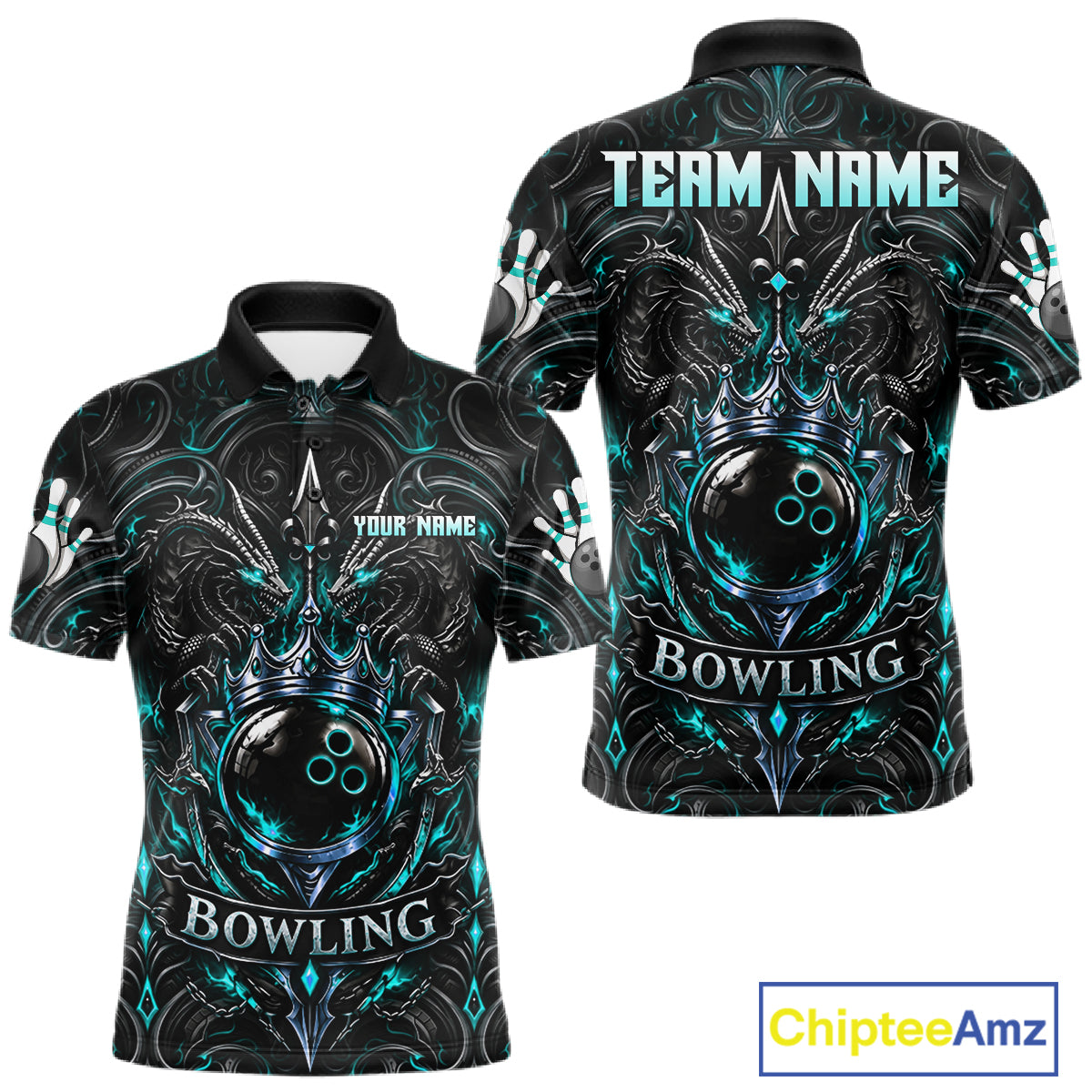 Men's Teal Gothic Dragon Bowling Polo Quarter-Zip Shirt Custom Neon Blue Strike Bowling Team Jersey NYN4735