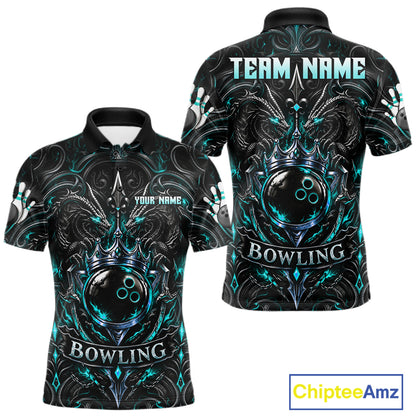 Men's Teal Gothic Dragon Bowling Polo Quarter-Zip Shirt Custom Neon Blue Strike Bowling Team Jersey NYN4735