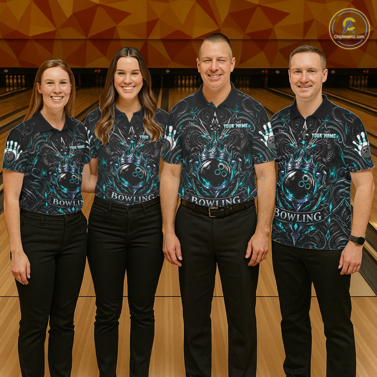 Men's Teal Gothic Dragon Bowling Polo Quarter-Zip Shirt Custom Neon Blue Strike Bowling Team Jersey NYN4735
