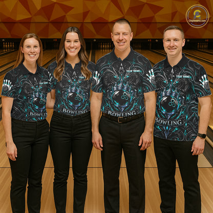 Men's Teal Gothic Dragon Bowling Polo Quarter-Zip Shirt Custom Neon Blue Strike Bowling Team Jersey NYN4735