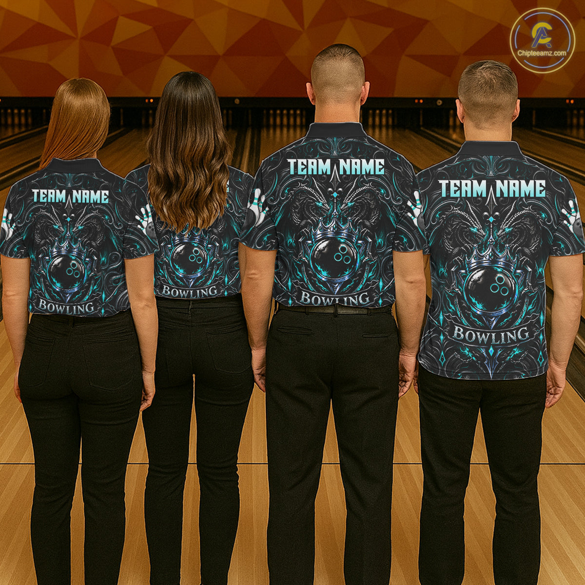 Men's Teal Gothic Dragon Bowling Polo Quarter-Zip Shirt Custom Neon Blue Strike Bowling Team Jersey NYN4735